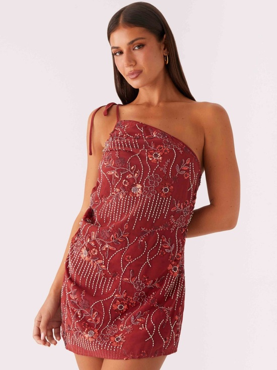 Peppermayo Dresses & Skirts - Peppermayo One-Shoulder Embellished Mini Dress in Deep Red